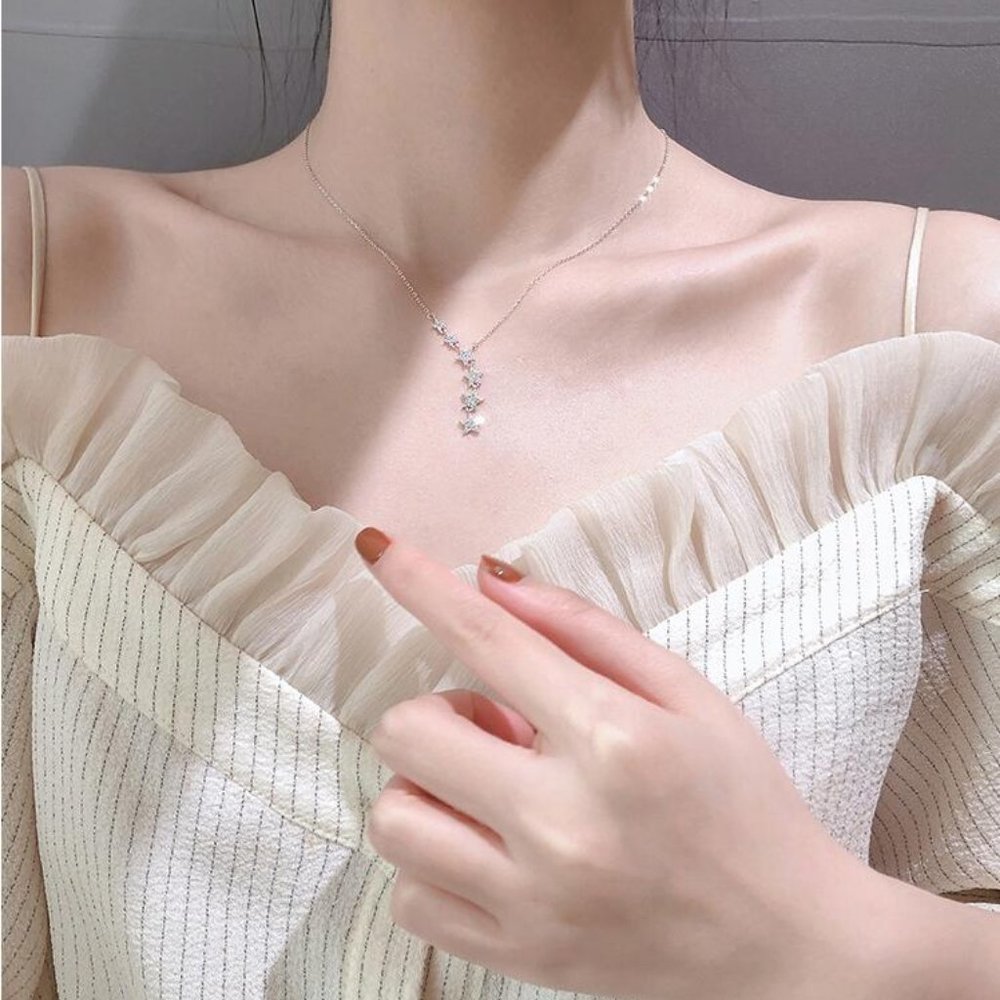 NEW 925 Sterling Silver Diamond Star Drop Necklace - Picture 7 of 11